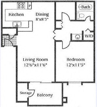 Floor plan for 1 bed, 1 bath, 700 sqft
